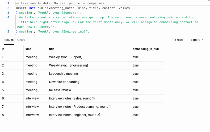 Query result right after the insert: all 8 rows have embedding_is_null = true.