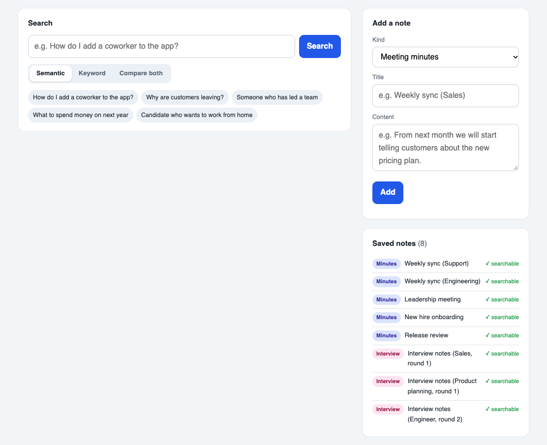 The page on first load: search box with example questions, an add-note form and the list of saved notes.