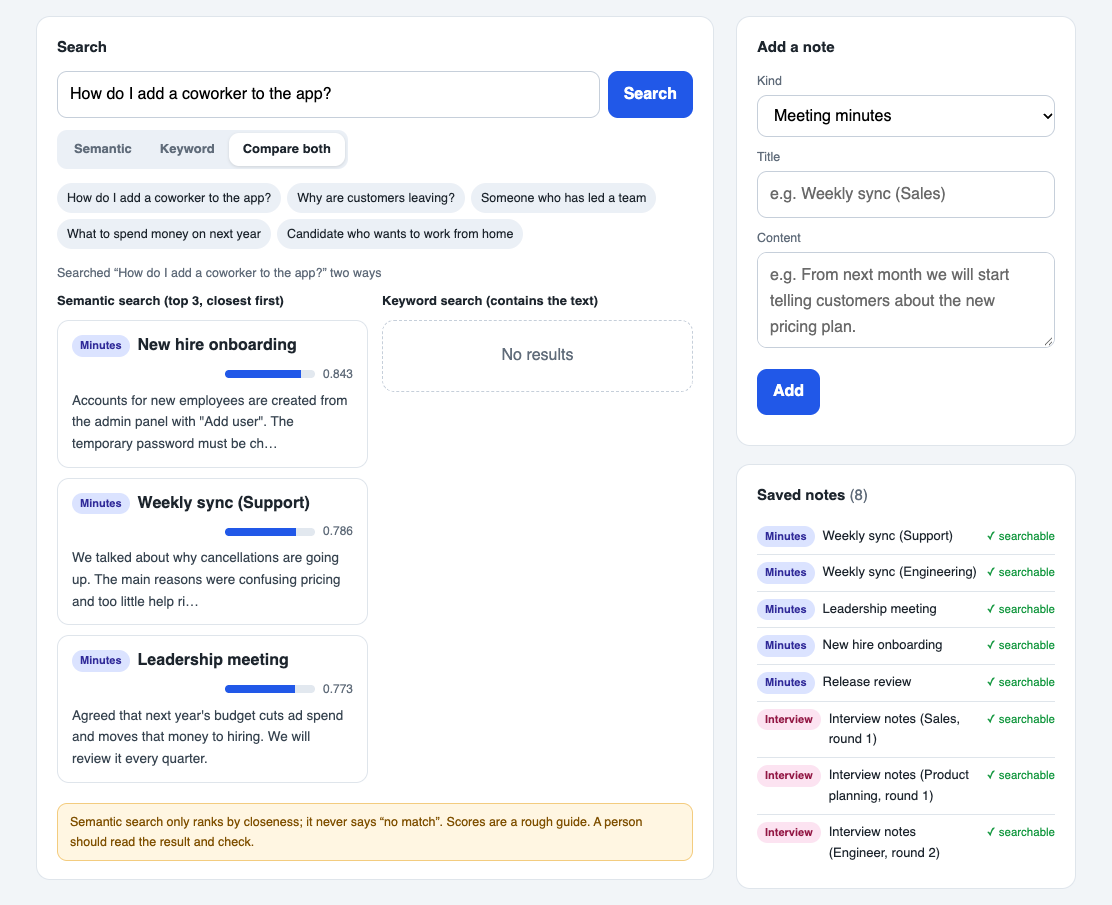 The finished page comparing semantic and keyword search for "How do I add a coworker to the app?"