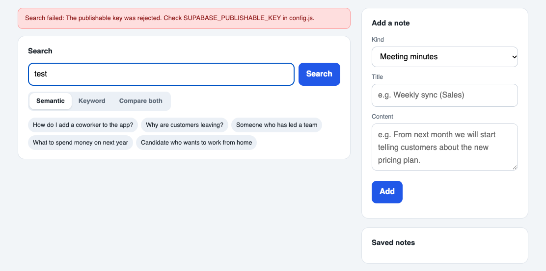 The page showing "The publishable key was rejected. Check SUPABASE_PUBLISHABLE_KEY in config.js."