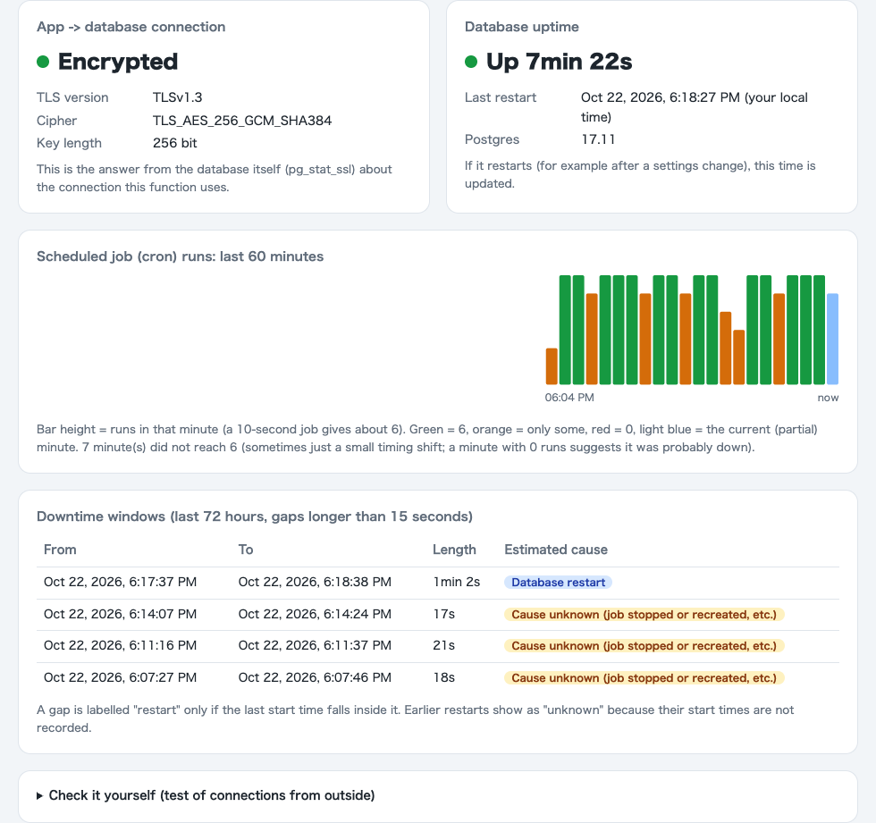 Before: during a restart the page still shows a green Encrypted dot and Up 7min 22s, with no warning.