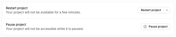 Project Settings: Restart project button with a dropdown arrow, and Pause project.