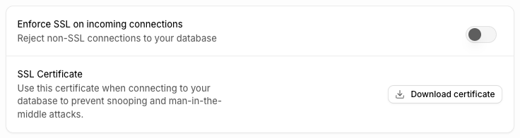 Database Settings: "Enforce SSL on incoming connections" switch is off.
