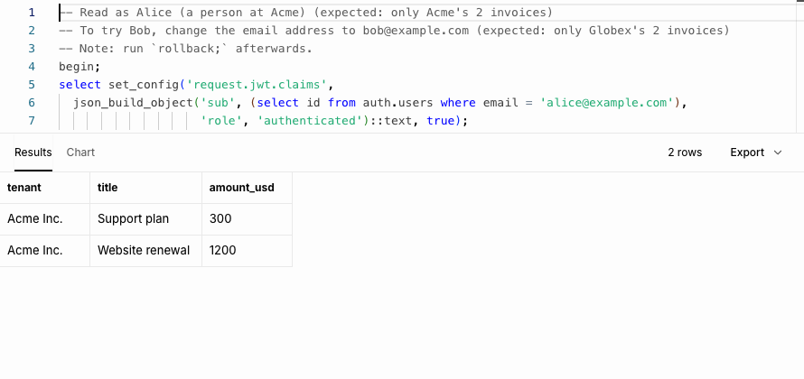 Result as Alice: only Acme's two invoices.