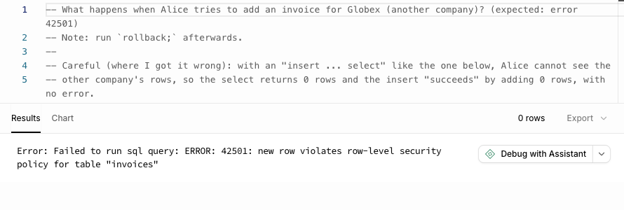 Error: 42501 new row violates row-level security policy for table "invoices".
