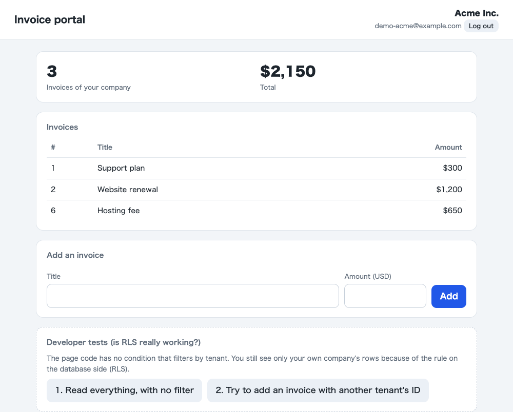 The invoice portal logged in as Acme: 3 invoices, a form to add one, and developer tests.