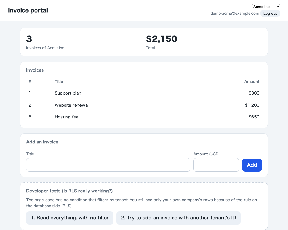 After: a company switcher in the header, and 3 invoices of Acme Inc. totalling $2,150.