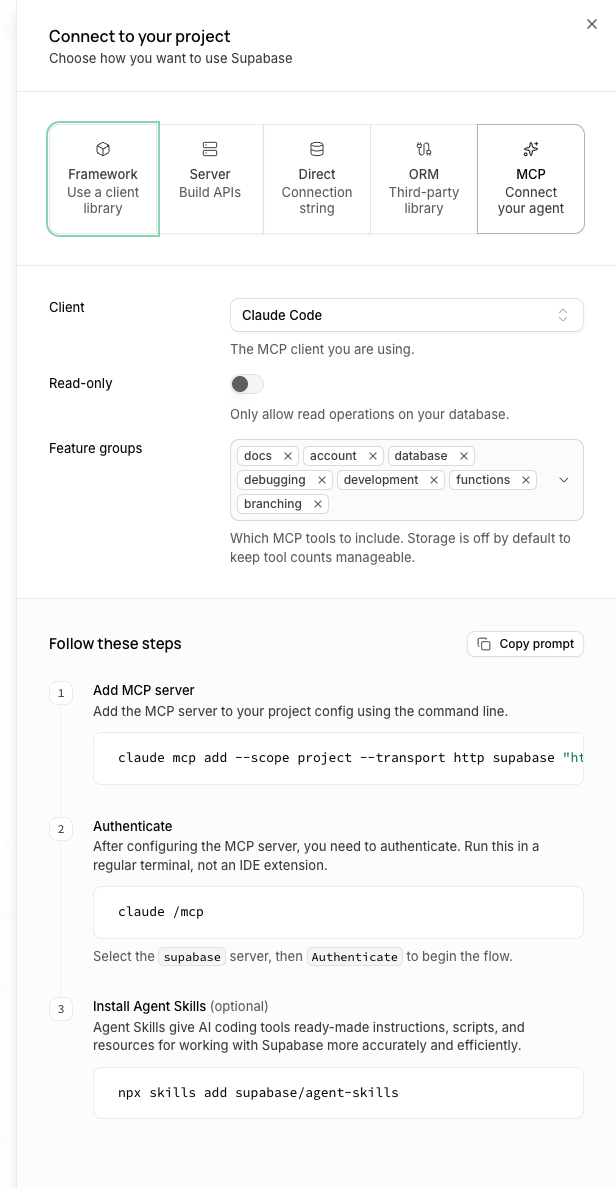 Connect, MCP tab: Client Claude Code, Read-only off, seven feature groups selected.