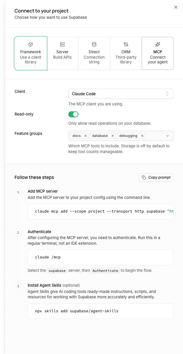 Read-only on, feature groups narrowed to docs, database and debugging.