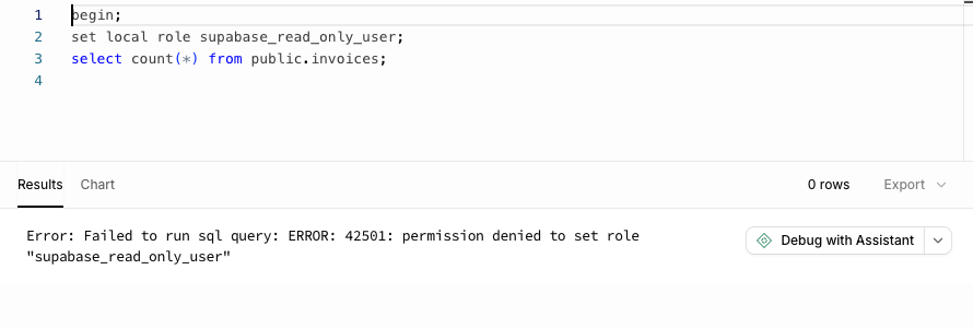 Error: 42501 permission denied to set role "supabase_read_only_user".