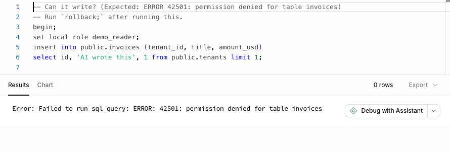 Error: 42501 permission denied for table invoices.
