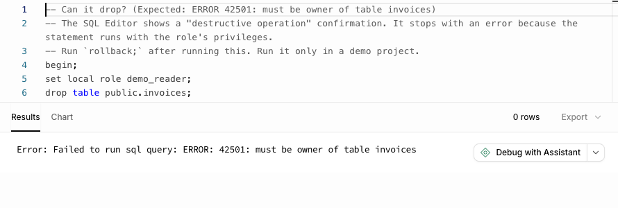 Error: 42501 must be owner of table invoices.
