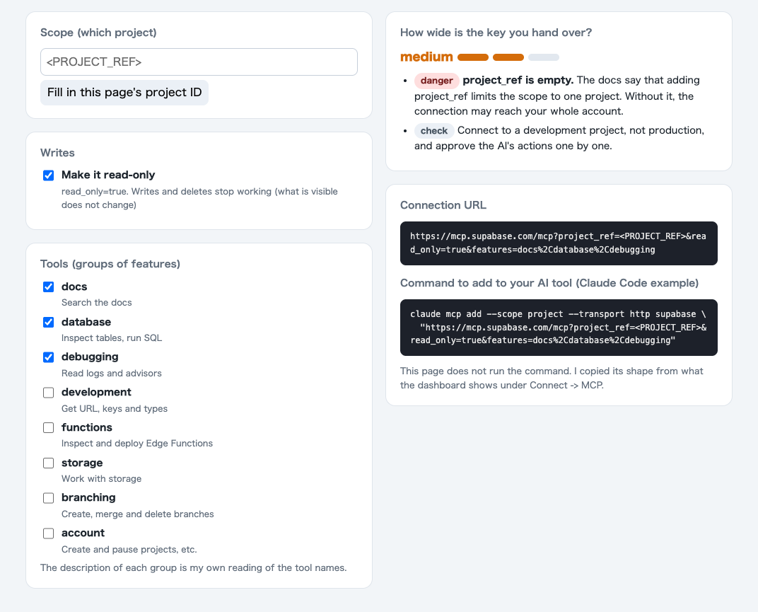 The URL builder: scope field, read-only checkbox, tool group checkboxes, and the resulting URL and command.