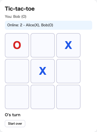 Bob's tab mid-game with X in the center and the corners, and O in the top-left.