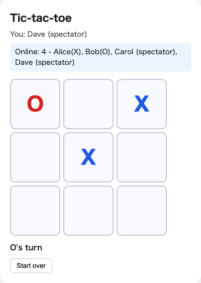 Dave's tab, joined with resync: the correct mid-game board and "O's turn".
