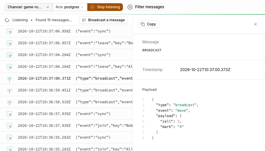 The Realtime Inspector listing presence join, sync and leave events and a broadcast move with payload cell 2, mark X.
