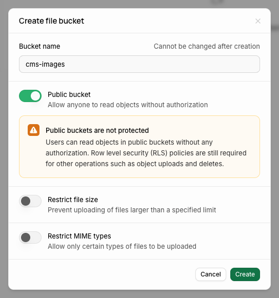 The Create file bucket dialog with Public bucket on and the warning "Public buckets are not protected".