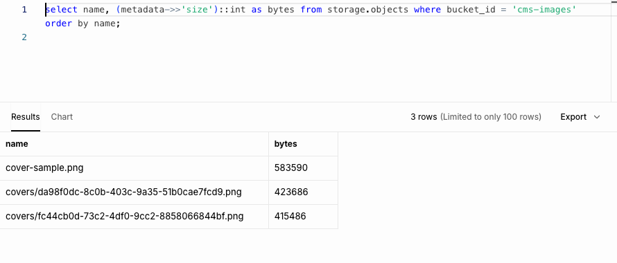 Storage objects after deleting a post without the SELECT policy: the deleted post's file is still listed.