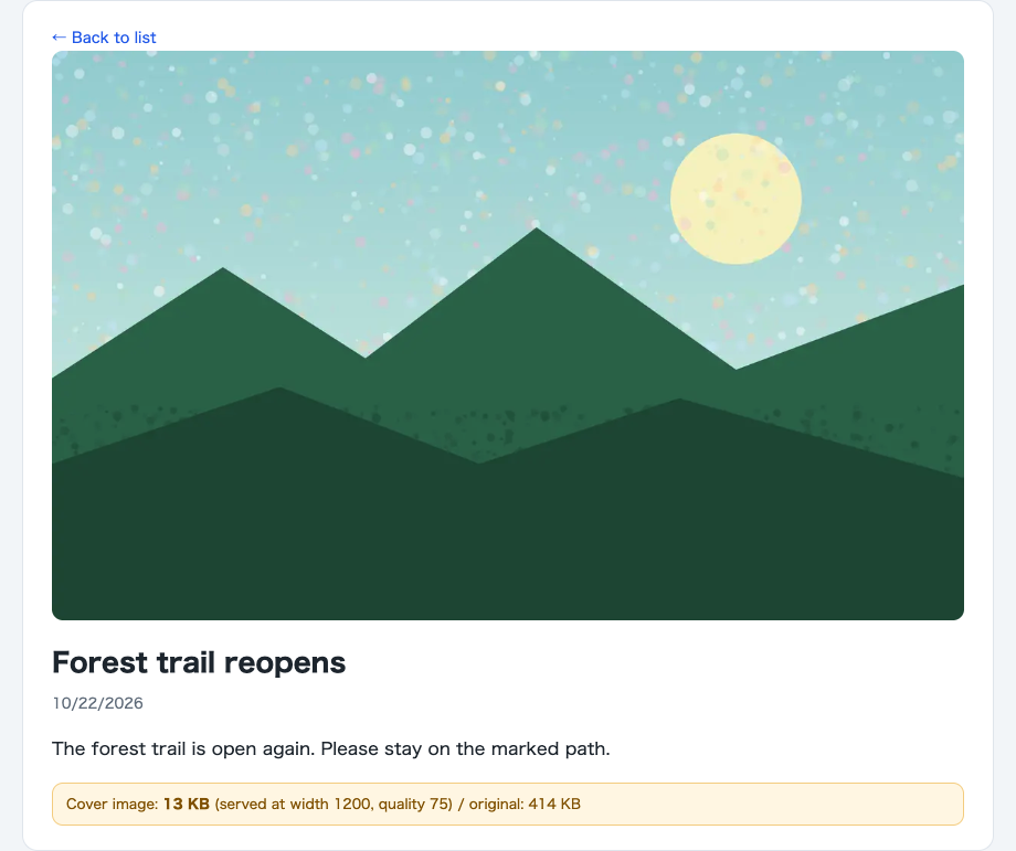 The article page: the title, the text, and "Cover image: 13 KB (served at width 1200, quality 75) / original: 414 KB".