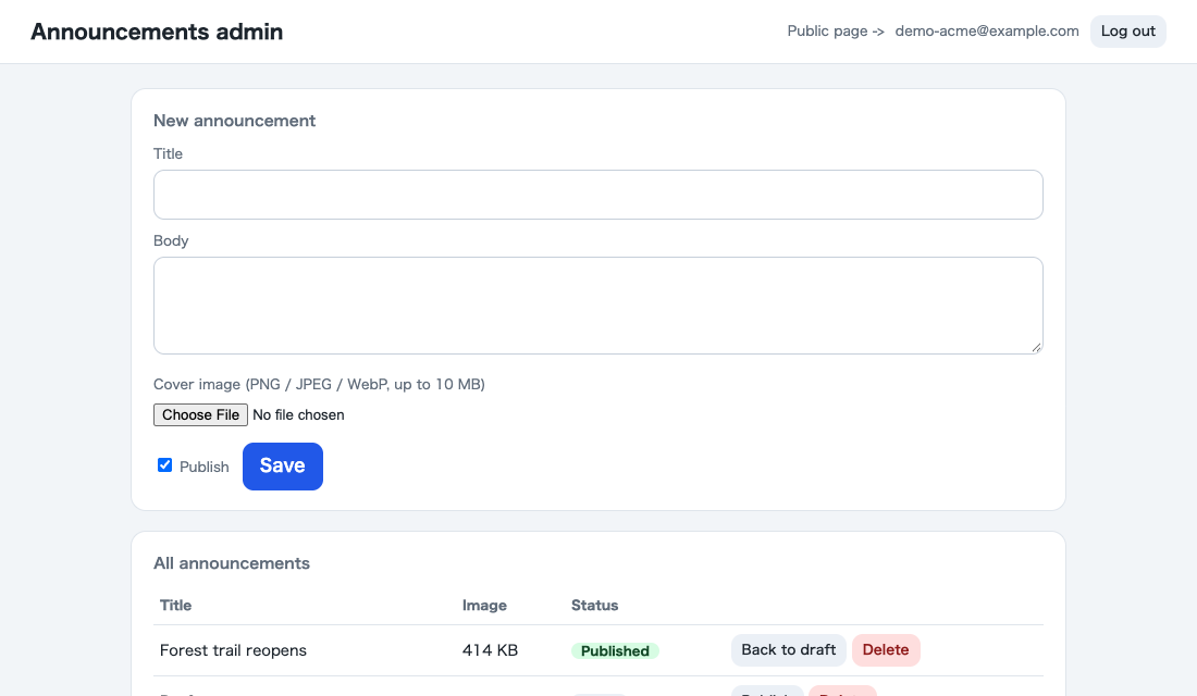 The admin page logged in as demo-acme@example.com, showing the announcements list with Delete buttons.