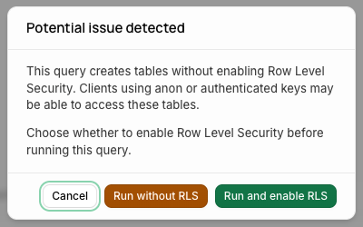 Potential issue detected: RLSなしでテーブルを作ろうとしています
