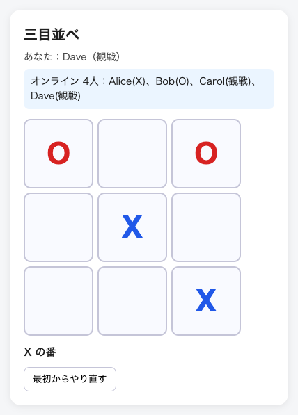 Daveの画面：途中から入っても盤面が追いついた
