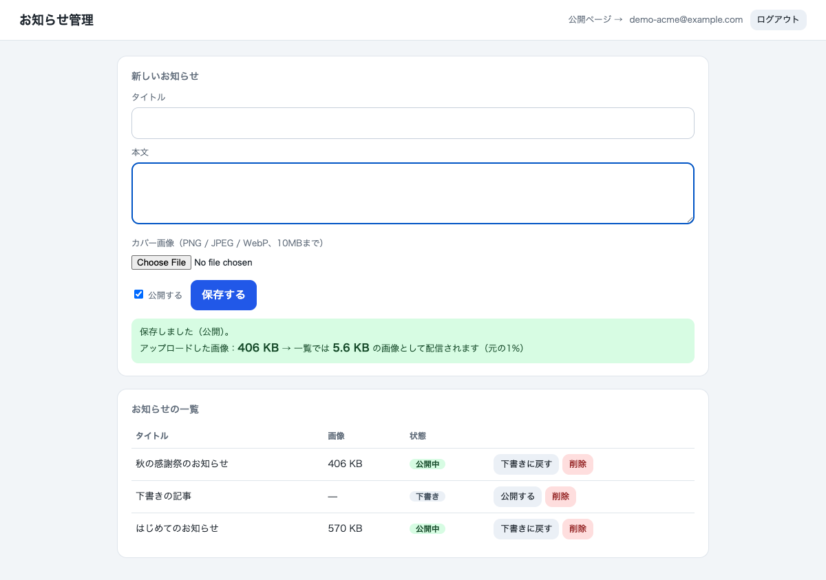 画像をアップロードして保存した直後の管理画面